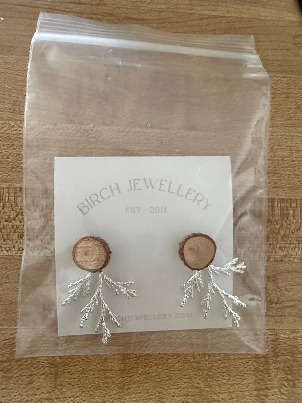 Silver Branch Wood Stud Earrings - Natural Brown & Silver